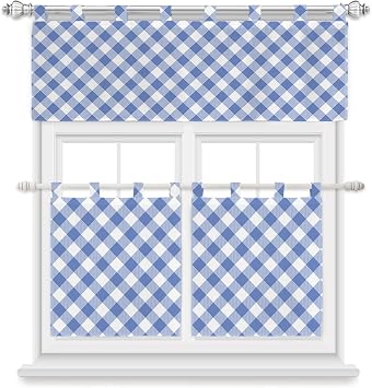 Kitchen Valances and Tiers for Small Window, 3 Pieces Cafe Curtains, Pastoral Style Blue Lattice Rod Poket Windows Treatment Drapes Short Curtains for Living Room Bedroom Farmhouse