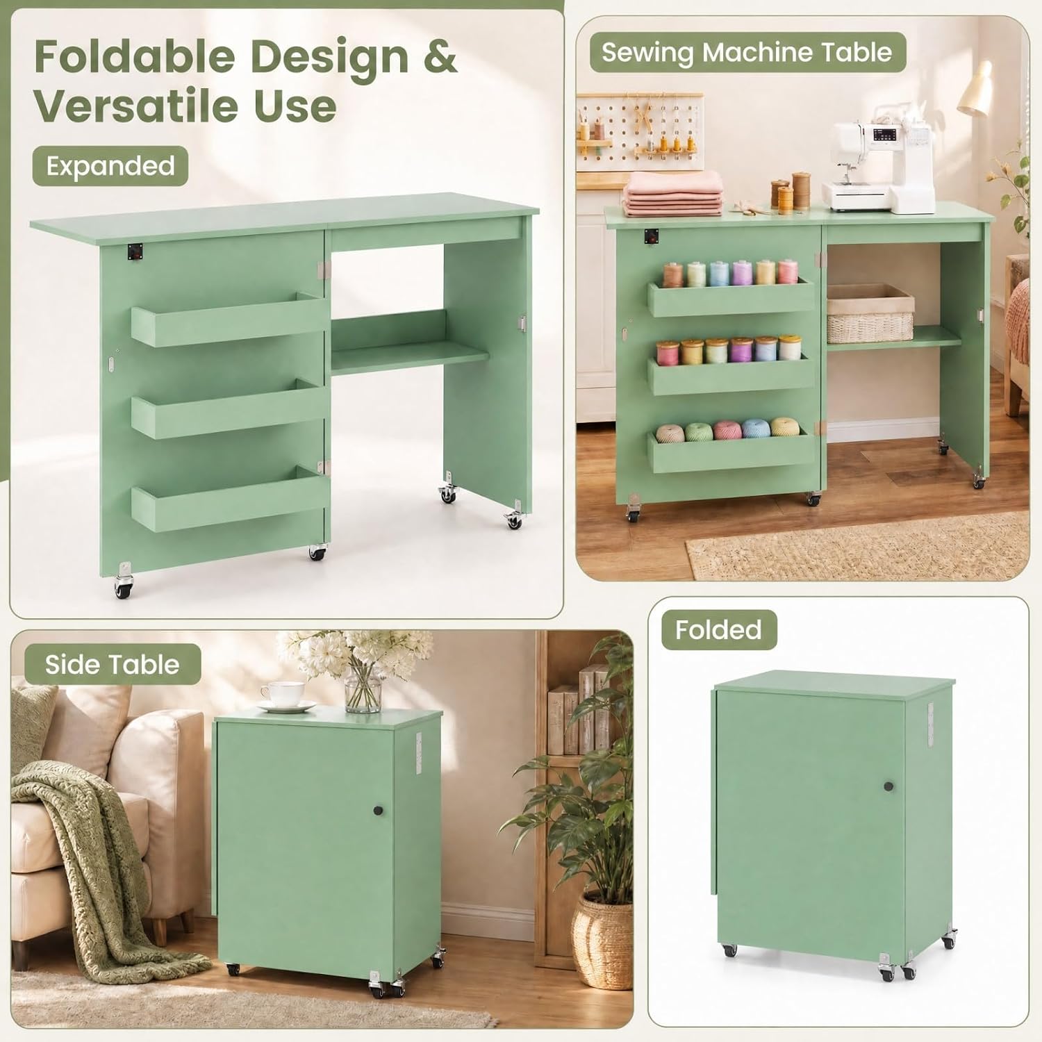 COSTWAY Folding Sewing Table with Charging Station, Sage Green | Lockable Casters, 3-Tier Shelf, Middle Rack, Magnetic Door, Small Sewing Desk for Home Apartment, Studio