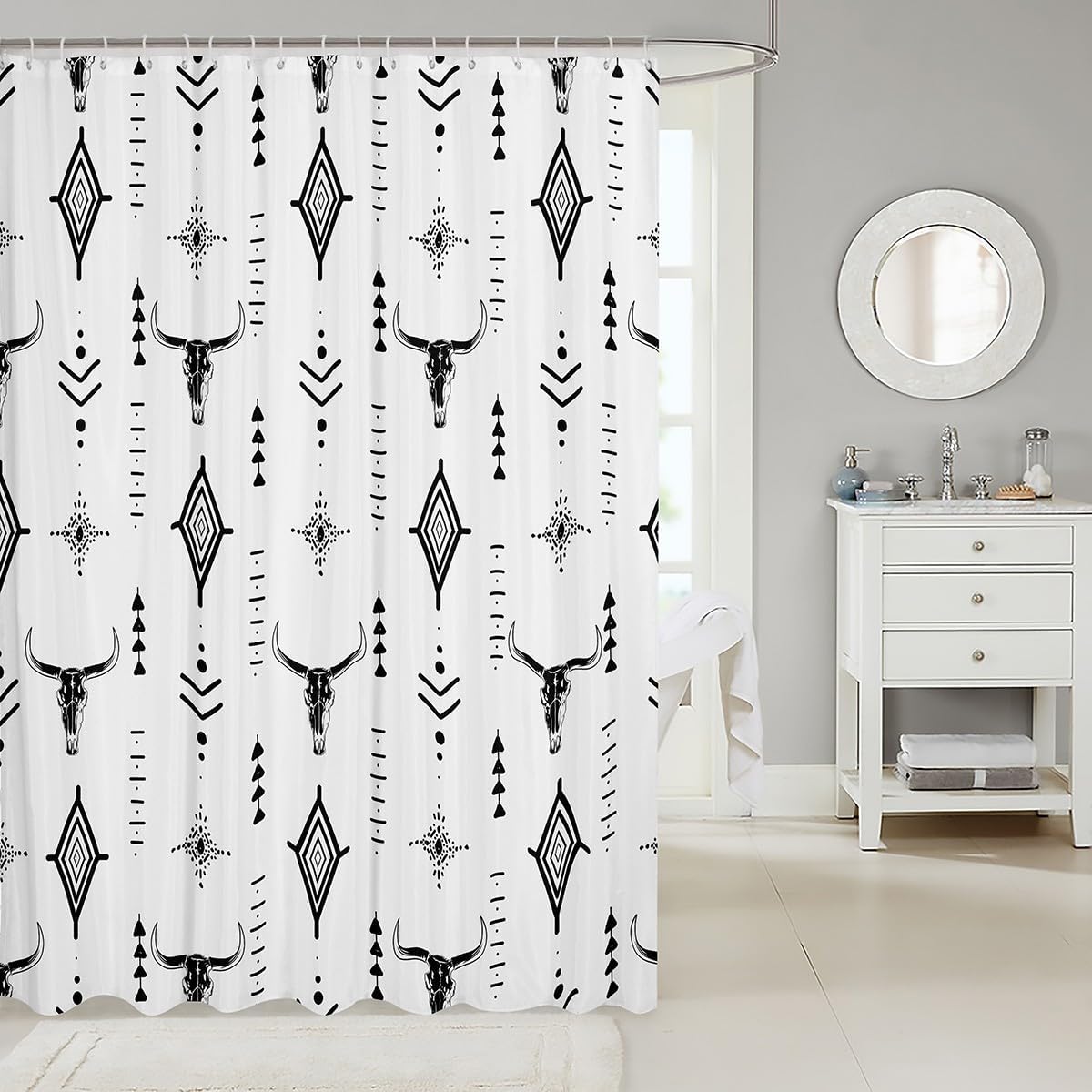 Erosebridal Western Aztec Shower Curtain 72" Wx84 L Bull Skull Bathroom Accessories for Teens Young Boho Cow Head Geometric Minimalist Art Abstract Horns Black White Bath Curtain