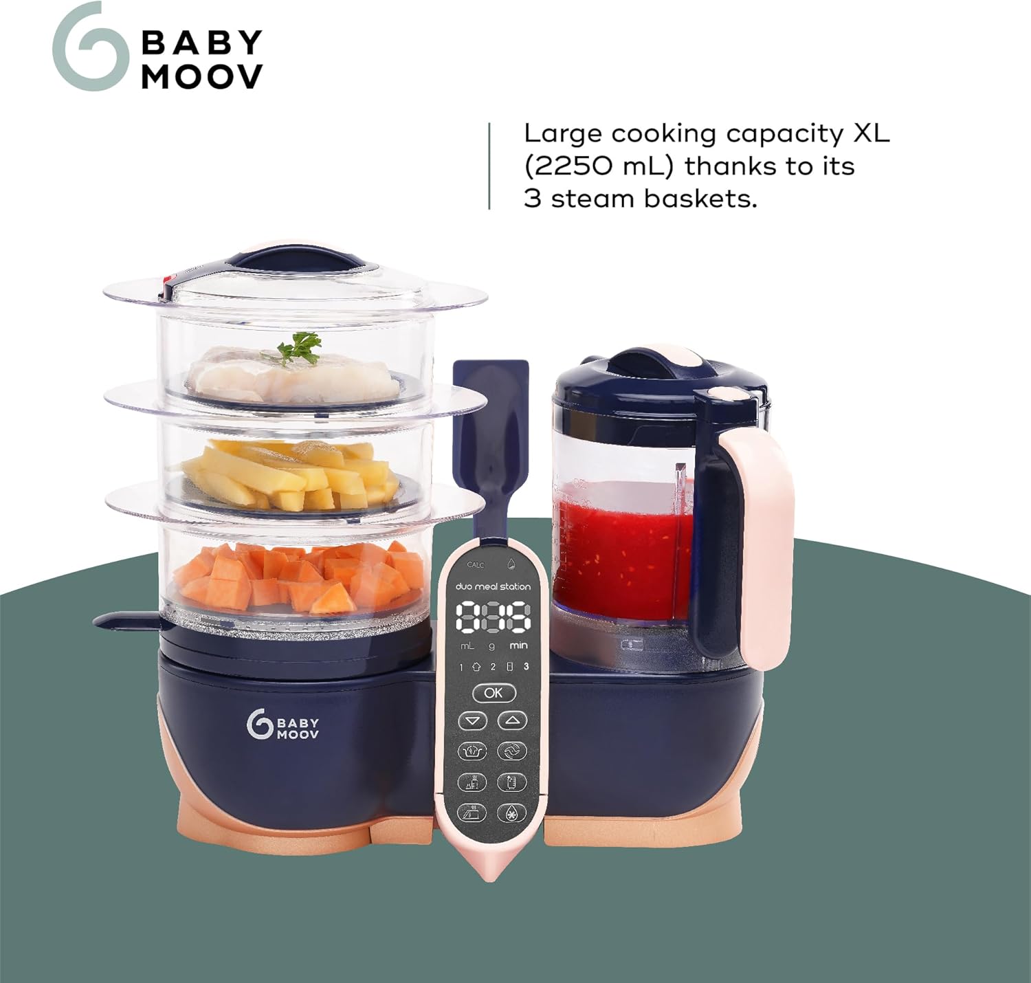 Babymoov Duo Meal Station XL, 6 in 1 Food Processor with Steamer, Multi-Speed Blender, Warmer, Defroster & Sterilizer (Nutritionist Approved), pink