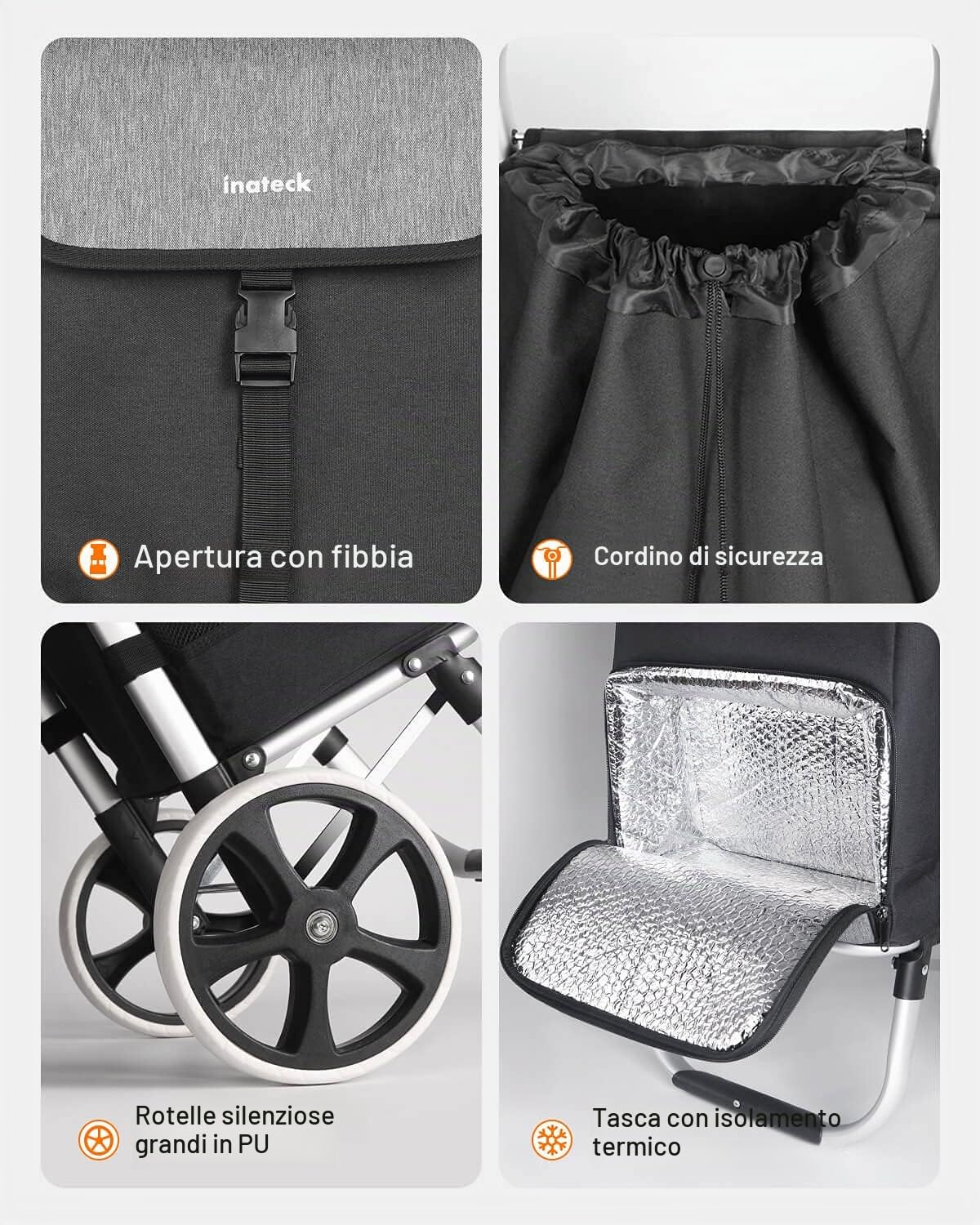 Inateck Trolley per la Spesa con Grande Capacità di Carico e Borsa di Isolamento Termico con Ruote, Portata Massima 45 kg, 41 l, Nero