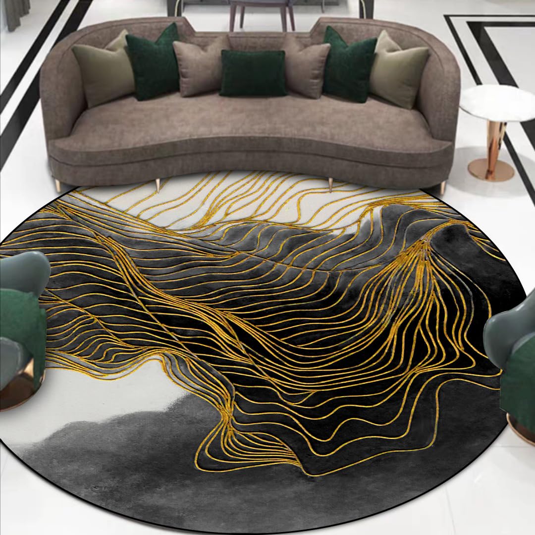 GUGJHFVH Round Washable Bedroom Rugs ø 170 cm Living Room Soft Area Rugs Office Hort Pile Carpet Dining Room Entryway Non Slip Rugs Vintage Carpet Abstract Ink Black and Gray