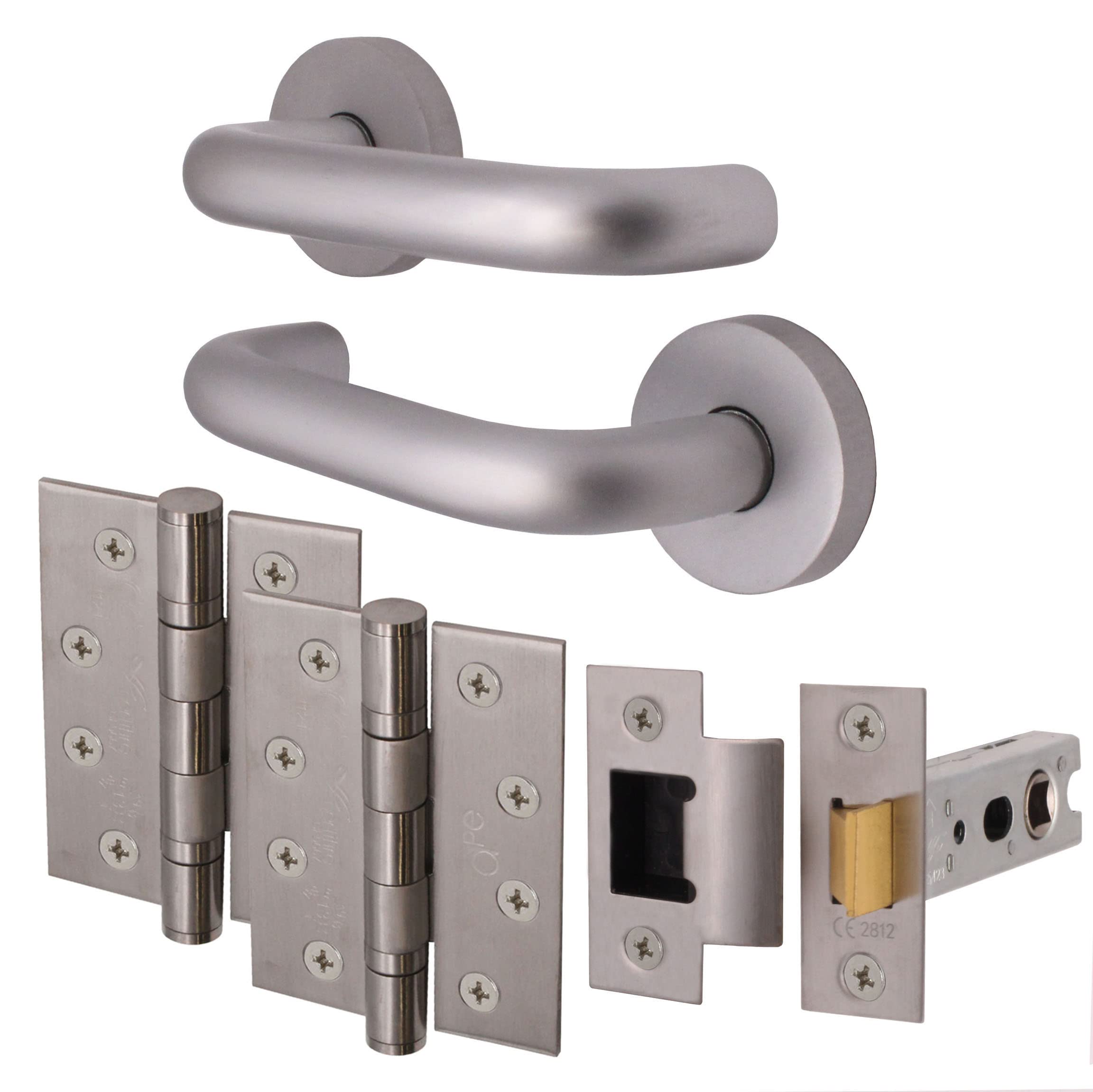 EAI Return to Door Lever on Rose Handle, Hinges & Latch Kit | Aluminium | 4 inch Hinges & 76mm Latch