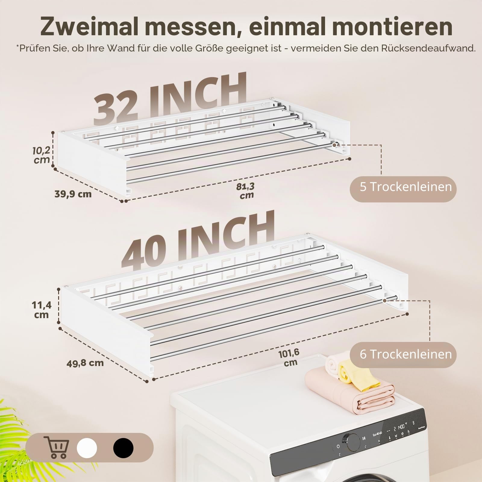 Wandmontierter klappbarer Wäscheständer, Faltbarer unsichtbarer Platzspar-Wäschetrockner, ausziehbarer Handtuchtrockner mit Bohrschablone (6 Trockenstangen, Weiß 100 cm)