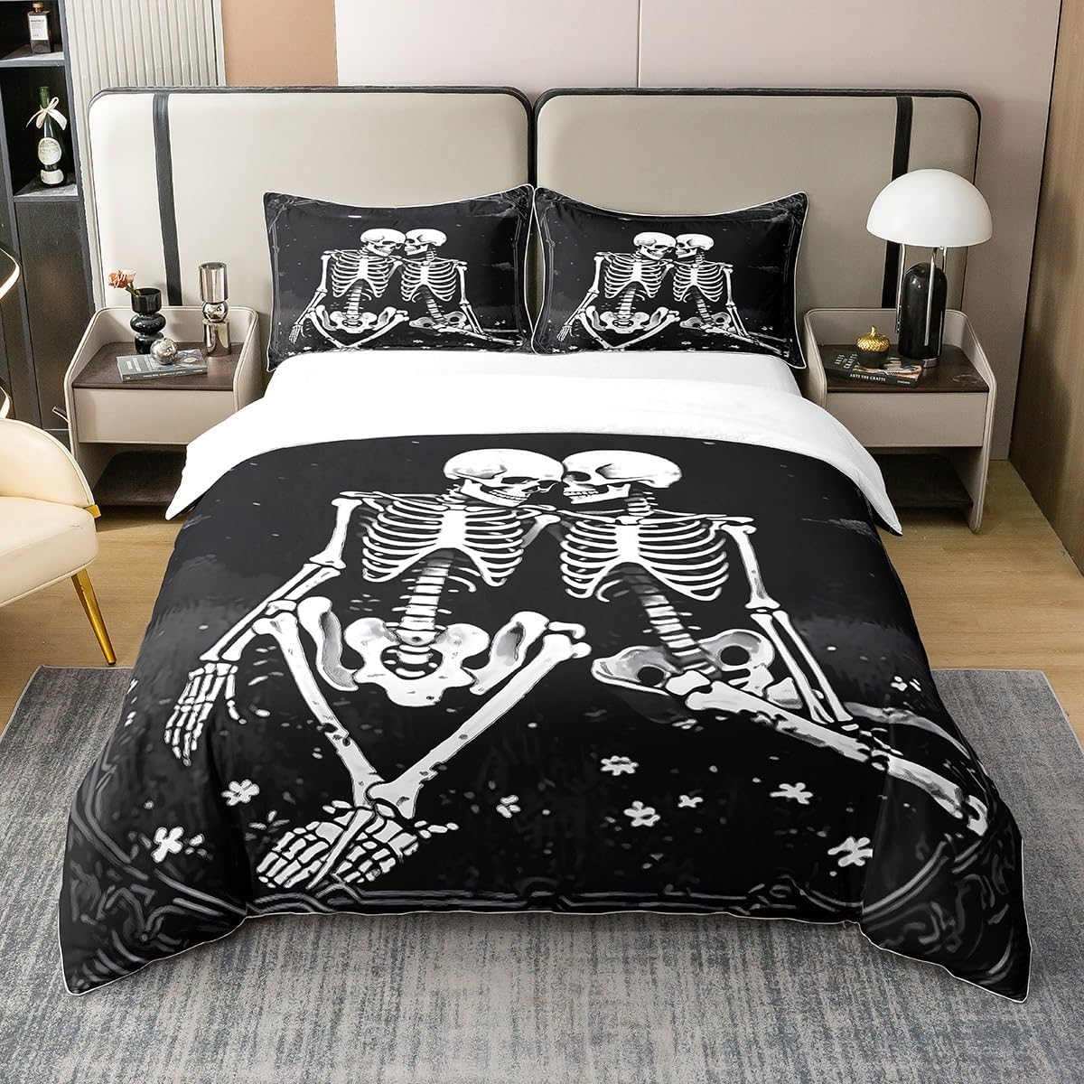 3D Skull Duvet Cover 100% Nature Cotton Full Size,Watercolor Red Rose Gothic Moon Comforter Cover,Not Comforter for Teens Youth,Halloween Theme Skeleton Sugar Skull Super Soft Bedding Bedroom Decor