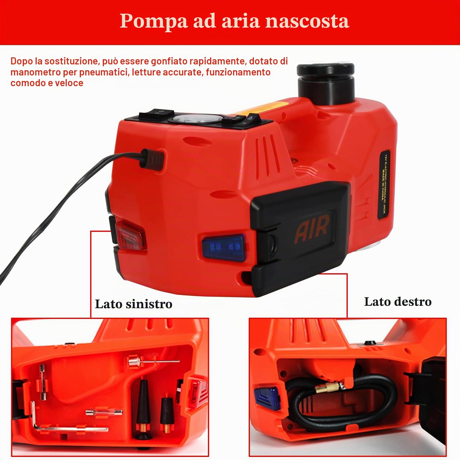 Aggiornato Cric Elettrico 5T per Auto e SUV, 12V Martinetto per Auto Elettrica 150-450mm, Martinetto Idraulico per Auto, Pompa di Gonfiaggio Pneumatici, con Fari A LED e Luci Lampeggianti
