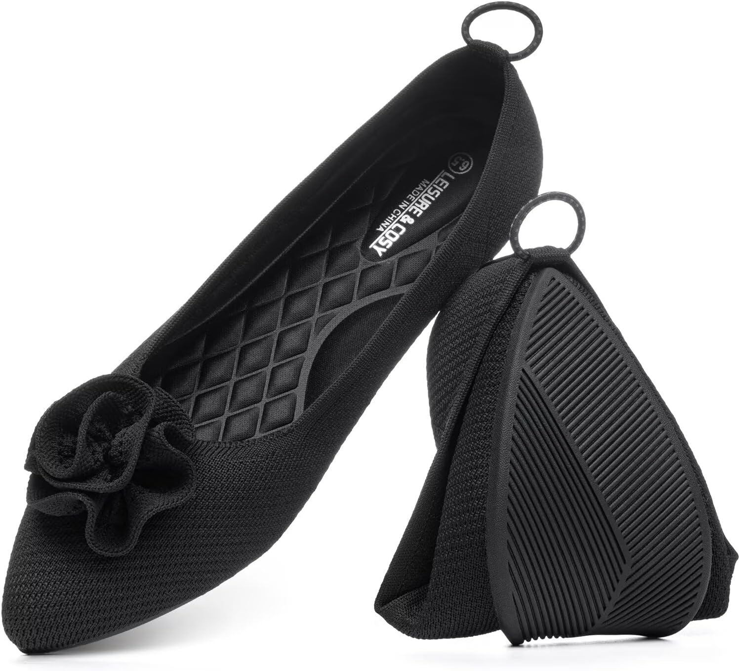 Women's Ballet Flats with Flower Bow Pointed Toe Knit Flats Shoes Comfortable Ballerina Walking Dressy Driving Work Office Slip-on Shoes