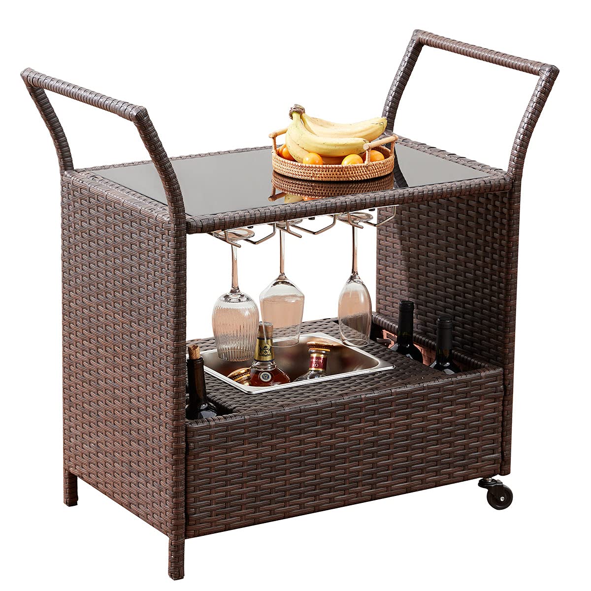 Buy EROMMY Outdoor Wicker Bar Cart, Rolling Patio Wine Cart with