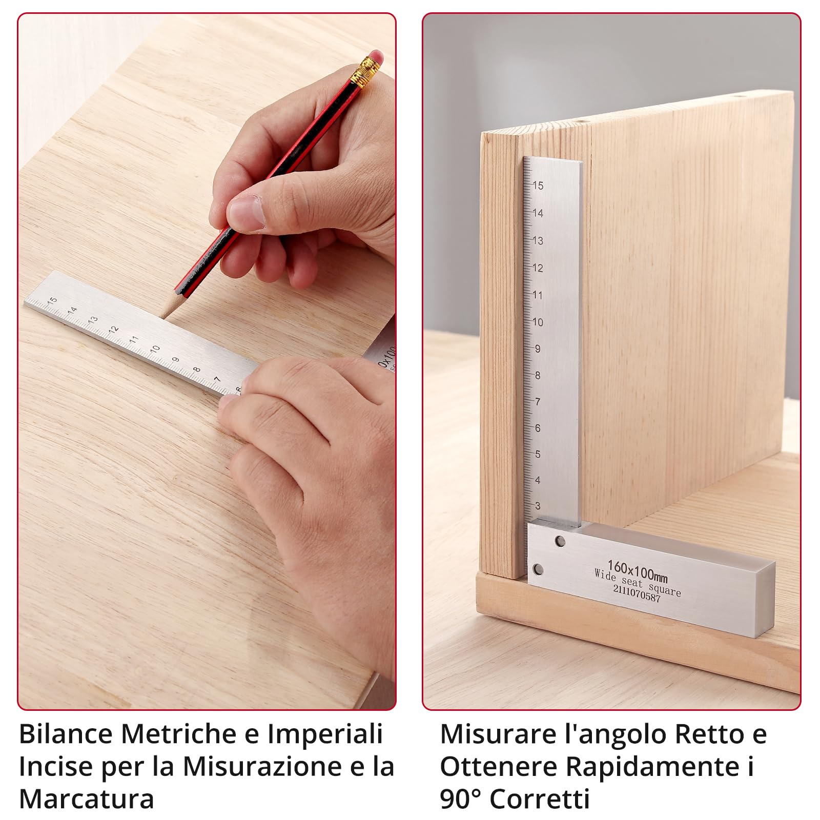 XUNTOP Engineer Square Set 4pz Squadra ad Angolo Retto in Acciaio 63X40mm 80x50mm 100x63mm 160x100mm Righello Squadretta di Posizionameto 90° Scala Metrica e Imperiale con Scatola Plastica