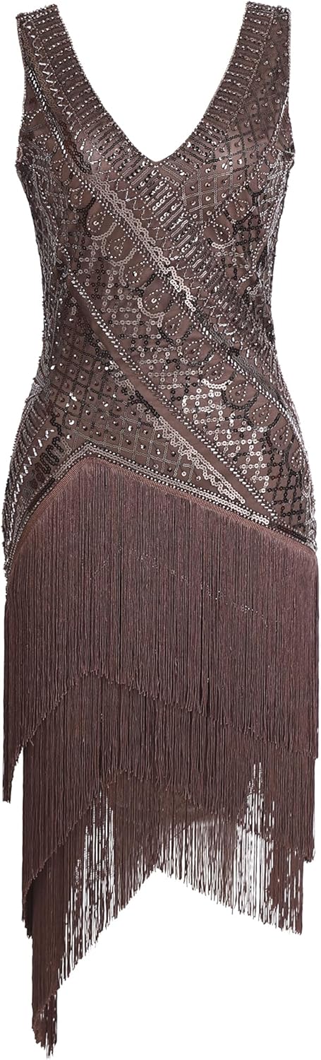 Women’s Flapper Dresses Set 1920s V Neck Beaded Fringed Great Gatsby Dress with Accessories Set