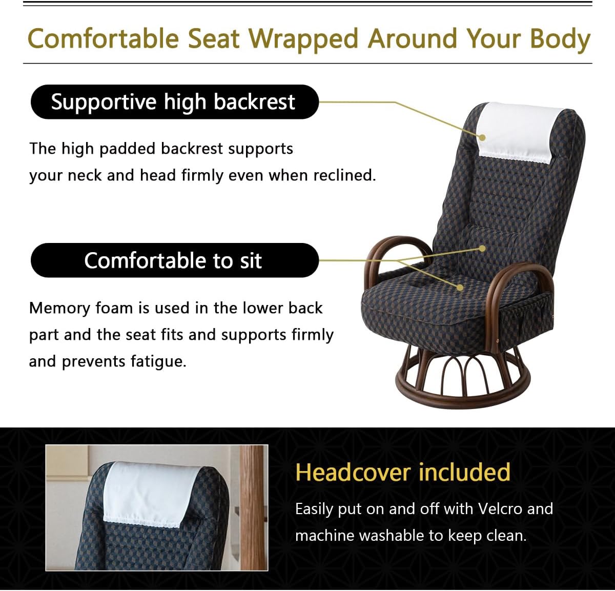 EMOOR Tatami Chair Japanese-Style Swivel Chair RYOKAN (Navy), Natural Rattan Armrest Recliner Living Room Upholstered Single Futon Sofa