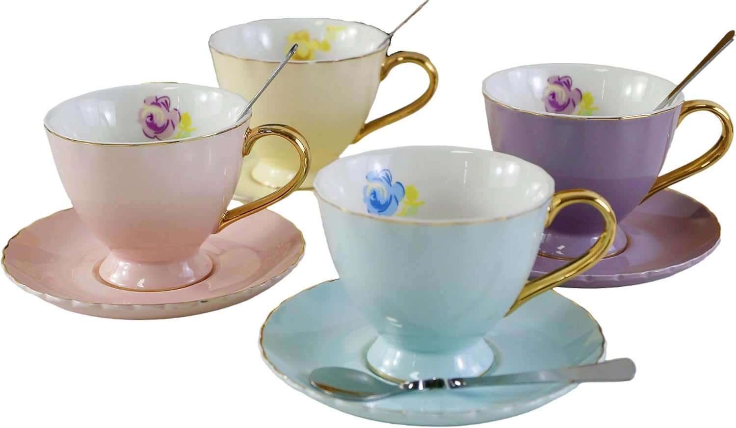 Euro Style Coffee Bar Espresso Cup and Saucer, Set of 4 Porcelain Tea Coffee Cup for Home Kitchen Tea Party (4 Assorted Color/Set) (180ml)