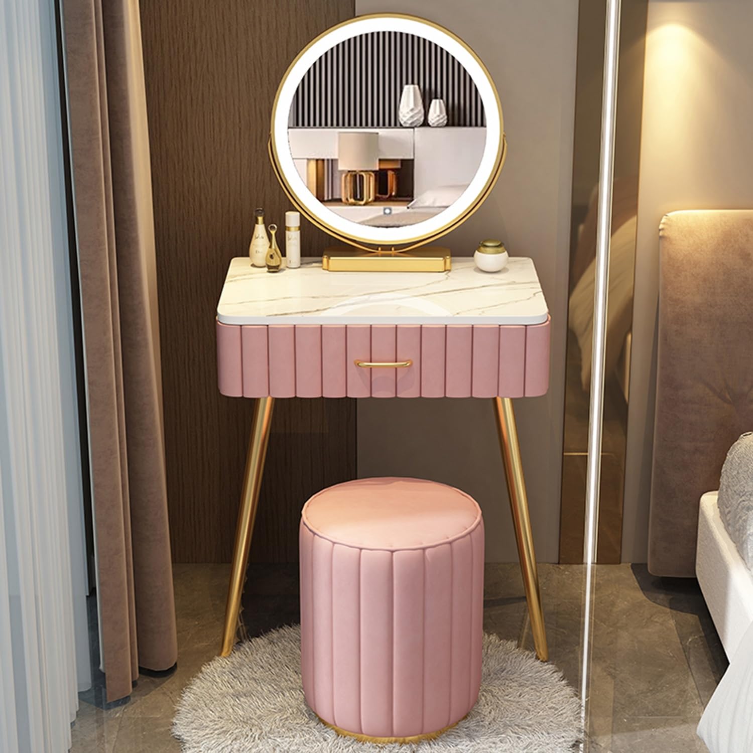Set da toeletta in legno con illuminazione a LED, sgabello imbottito e mobiletto laterale, elegante tavolo da toeletta per camera da letto, perfetto per ragazze e donne (60 cm / 23.6in)