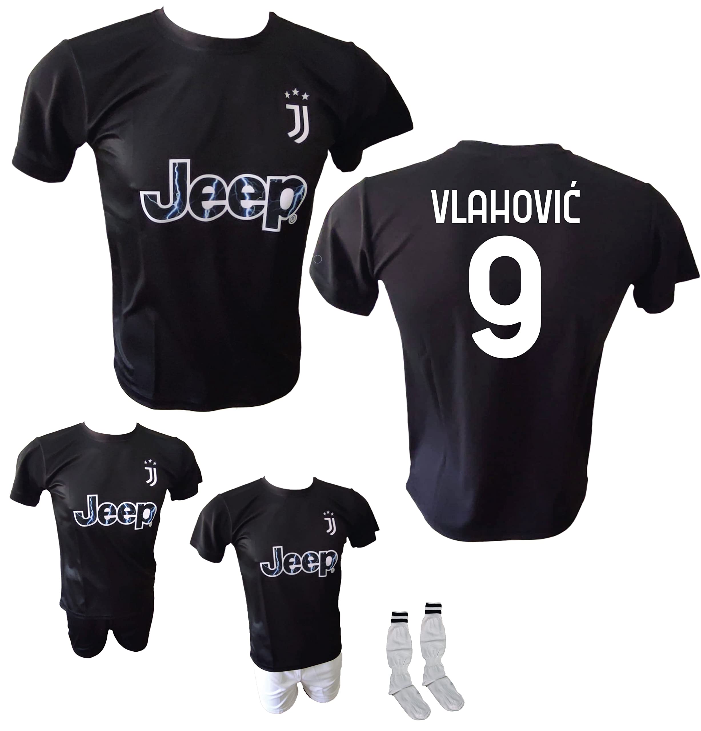 Camiseta Away Fútbol Negro Vlahovic 9 Temporada 2022/2023 Replica Autorizada Tallas de Niño y Adulto. Elija si Añadir Pantalones Cortos Negros o Blancos y Calcetines