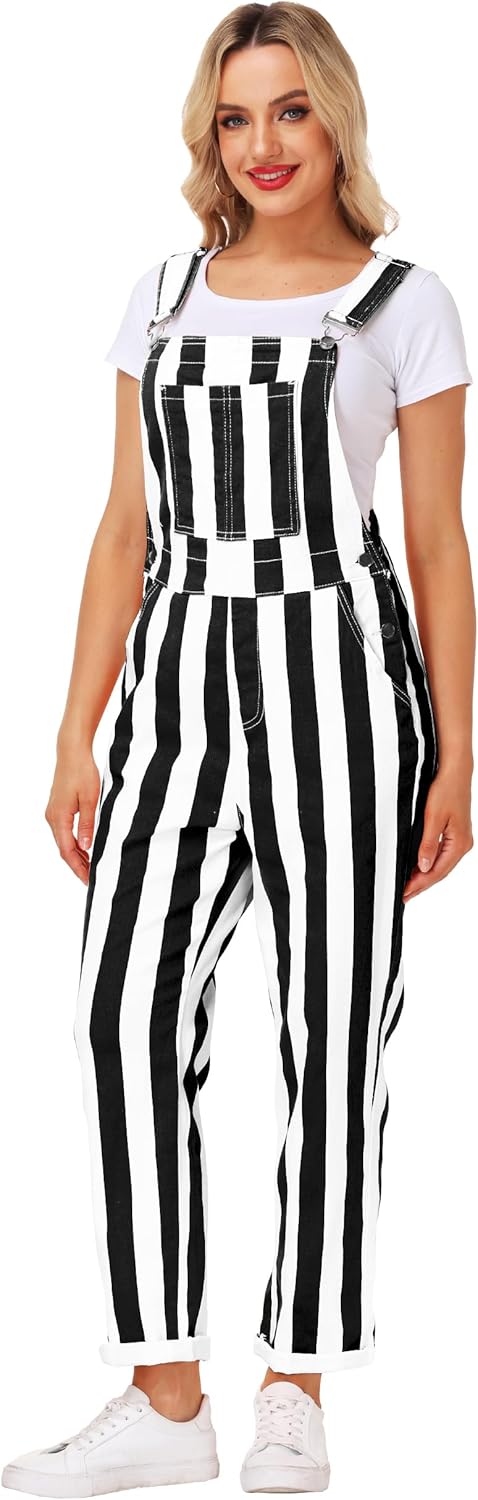 Womens Striped Bibs Overalls Cotton Denim Coveralls Stretch Jeans Jumpsuit - Image 6