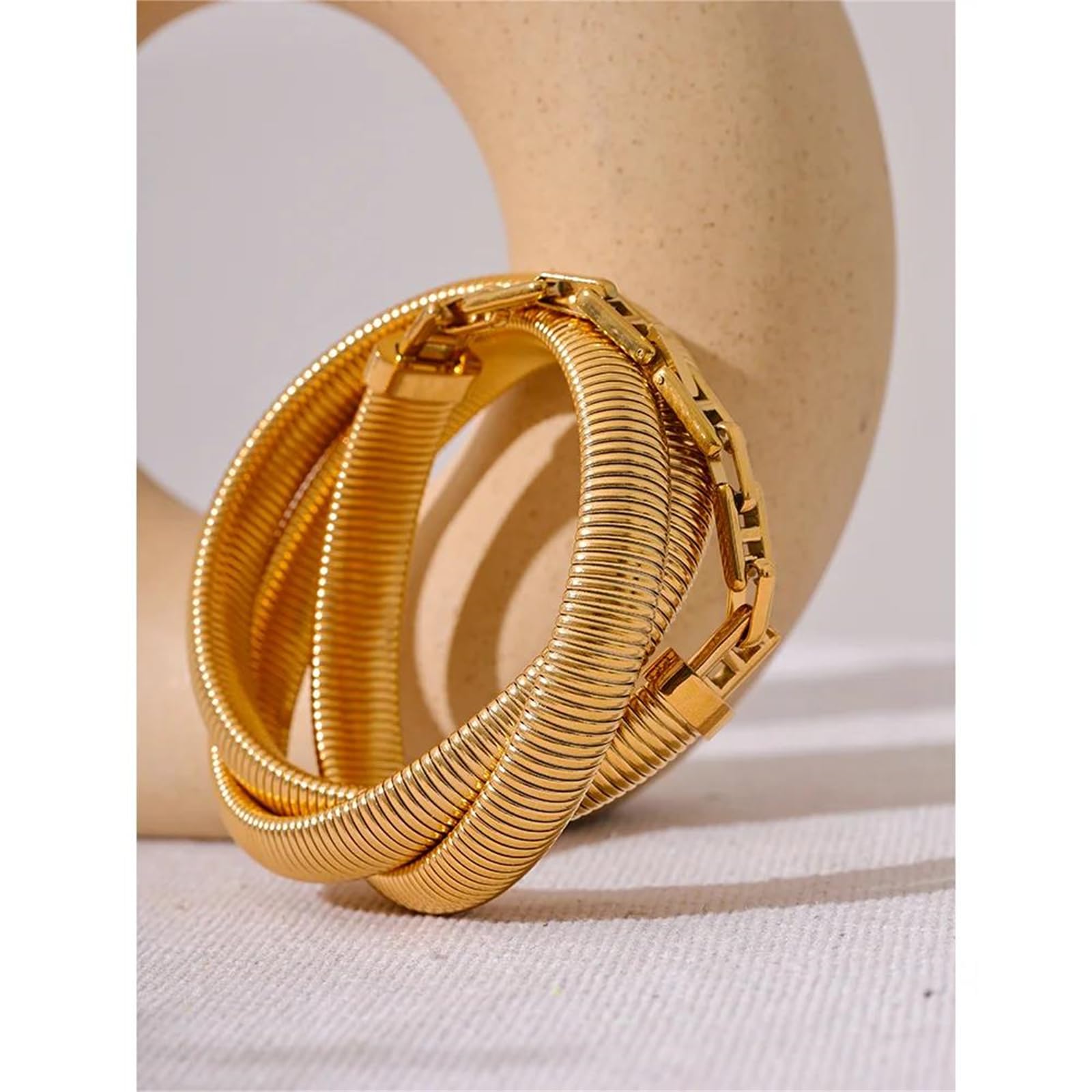 Pulsera gruesa elástica de acero inoxidable en capas, impermeable, chapada en oro de 18 quilates, unisex, joyería de moda