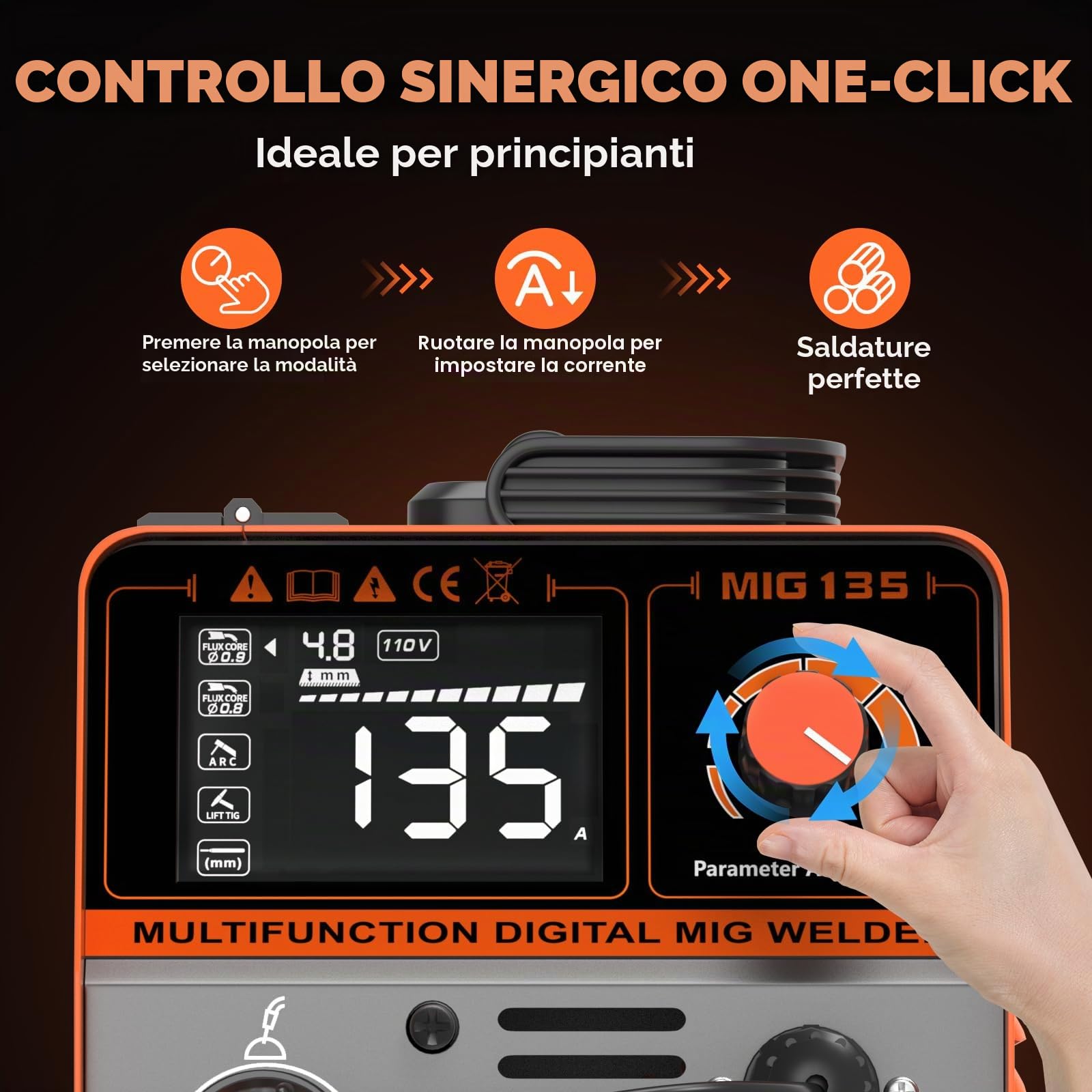FEIFANKE 135A Flux Core MIG Saldatore 110V 3-IN-1 MIG/ARC/Lift TIG Saldatrice IGBT DC Inverter Saldatrice senza gas Saldatrice sinergia con 1 lb Filo di saldatura e torcia MIG