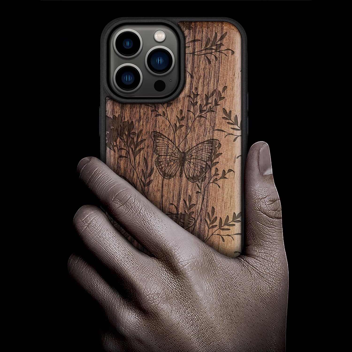 Carveit Magnetic Wood Case for iPhone 14 Pro Max [Natural Wood & Black Soft TPU] Shockproof Protective Cover Unique Wooden Case Compatible with magsafe (A Dance of Butterflies -Walnut)