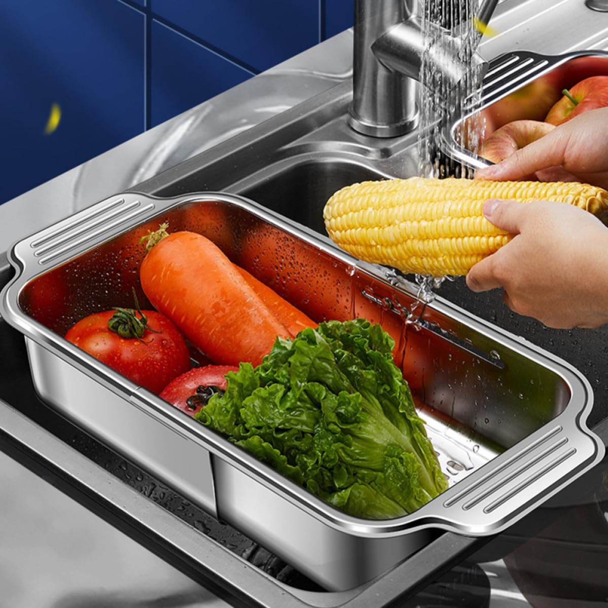 Ausziehbarer Küchensieb aus 304 Edelstahl Bruchfest und Spülmaschinengeeignet Großer Abtropfkorb für Gemüse und Geschirr über Spüle