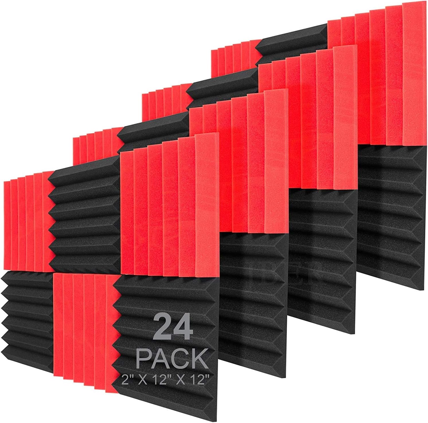 JBER 24 Pack Red and Charcoal Acoustic Panels Studio Foam Wedges Fireproof Soundproof Padding Black Wall Panels 5 X 30 X 30 cm(RedBlack)