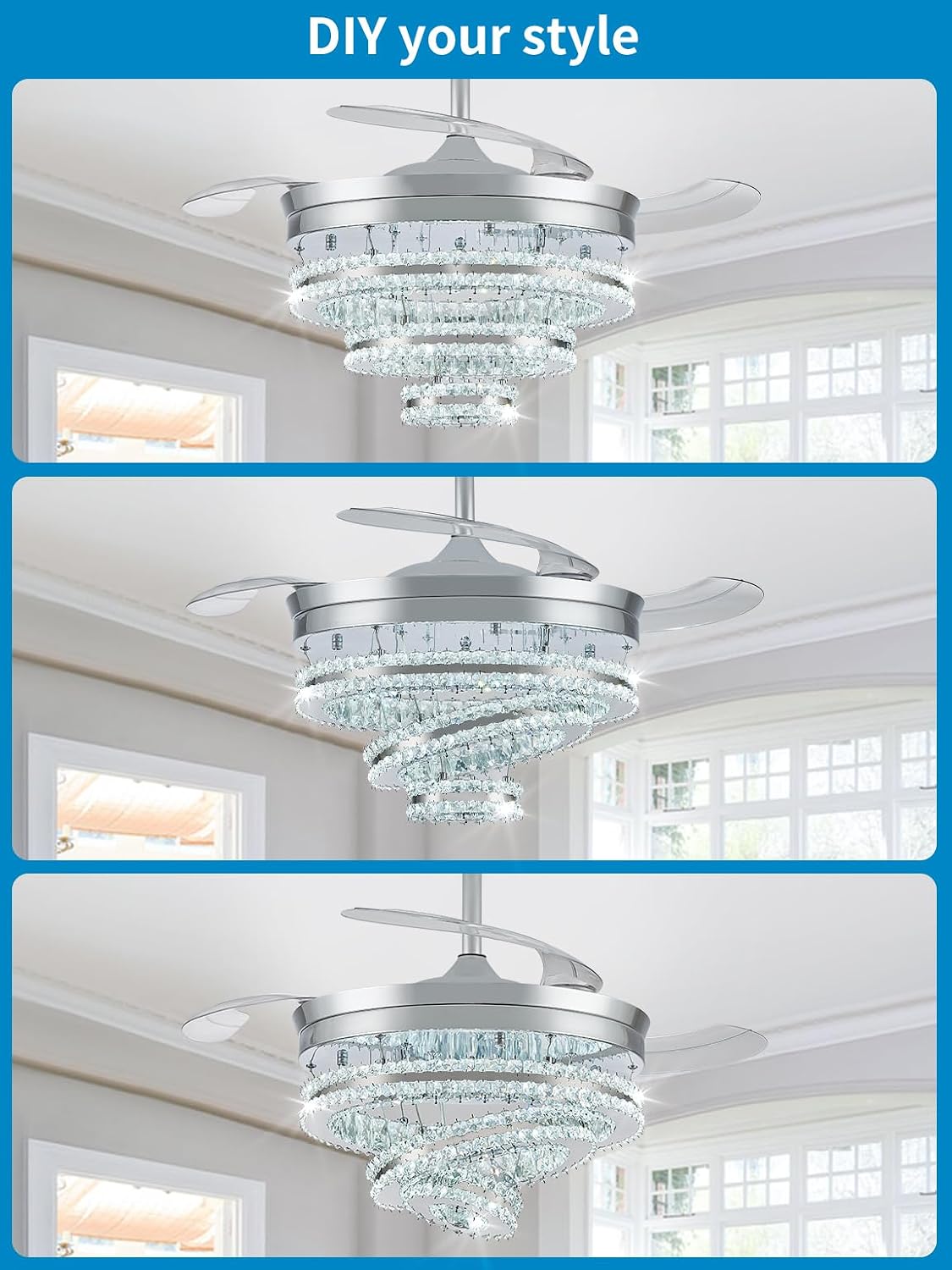 42" Crystal Chandelier Ceiling Fan, Retractable Fan with Remote & App Control, LED Light, Quiet DC Motor, 6 Speed, Fandelier Ceiling Fan for High Ceiling, Bedroom Living Room