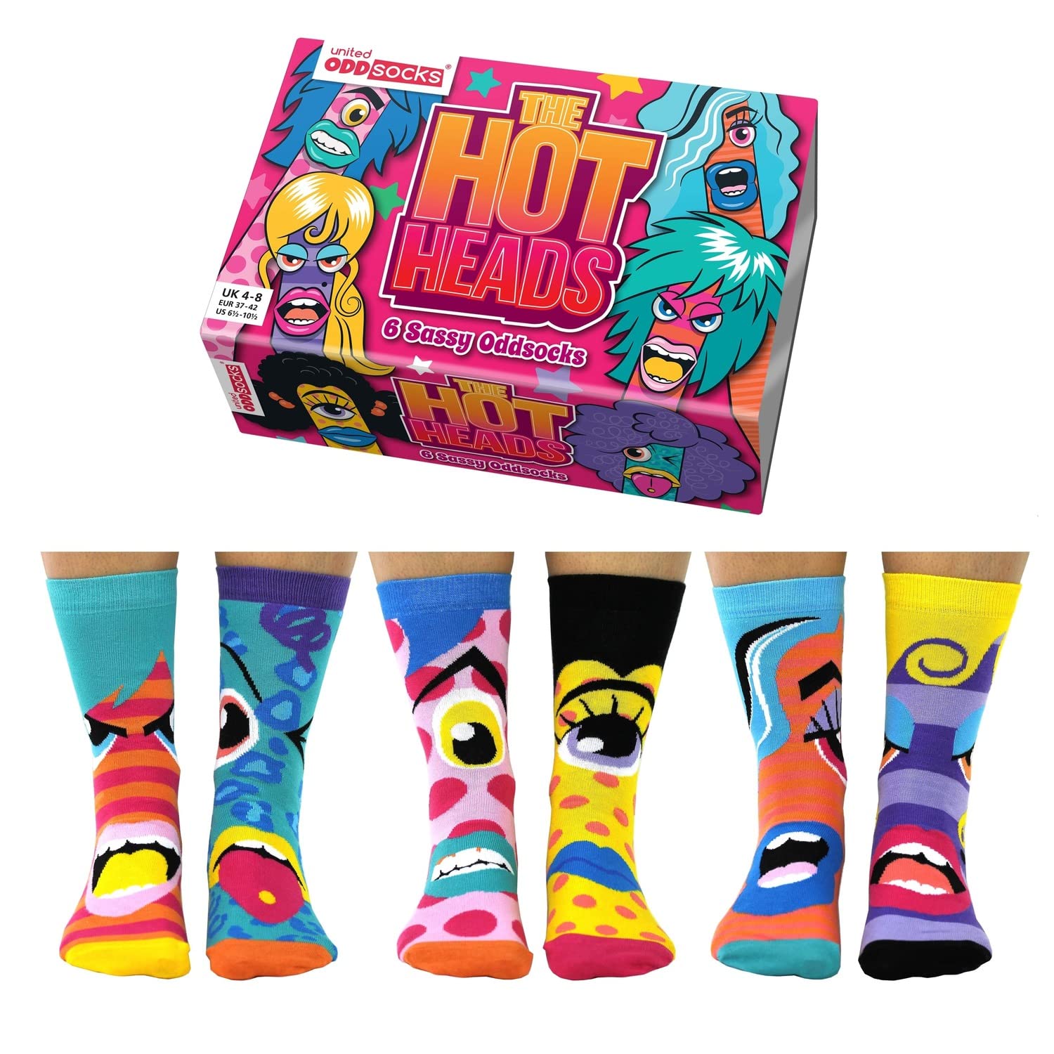 United OddsocksThe Hot Heads Gift Box – 6 Sassy Odd Socks for Women – UK 4-8 EUR 37-42 US 6.5-10.5 – Colourful Novelty Crew Present, Bold Cartoon Faces, Cotton Rich Mix and Match Statement Set