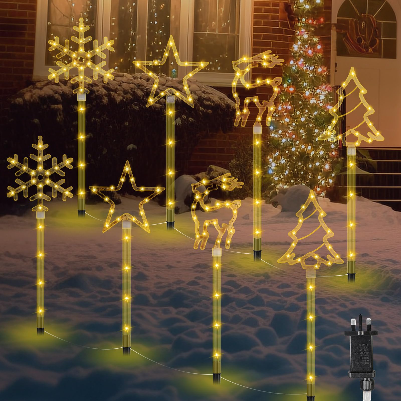 MaxEarn 8 Packs Christmas Pathway Lights, Xmas Tree/Star/Snowflake/Elk Sign