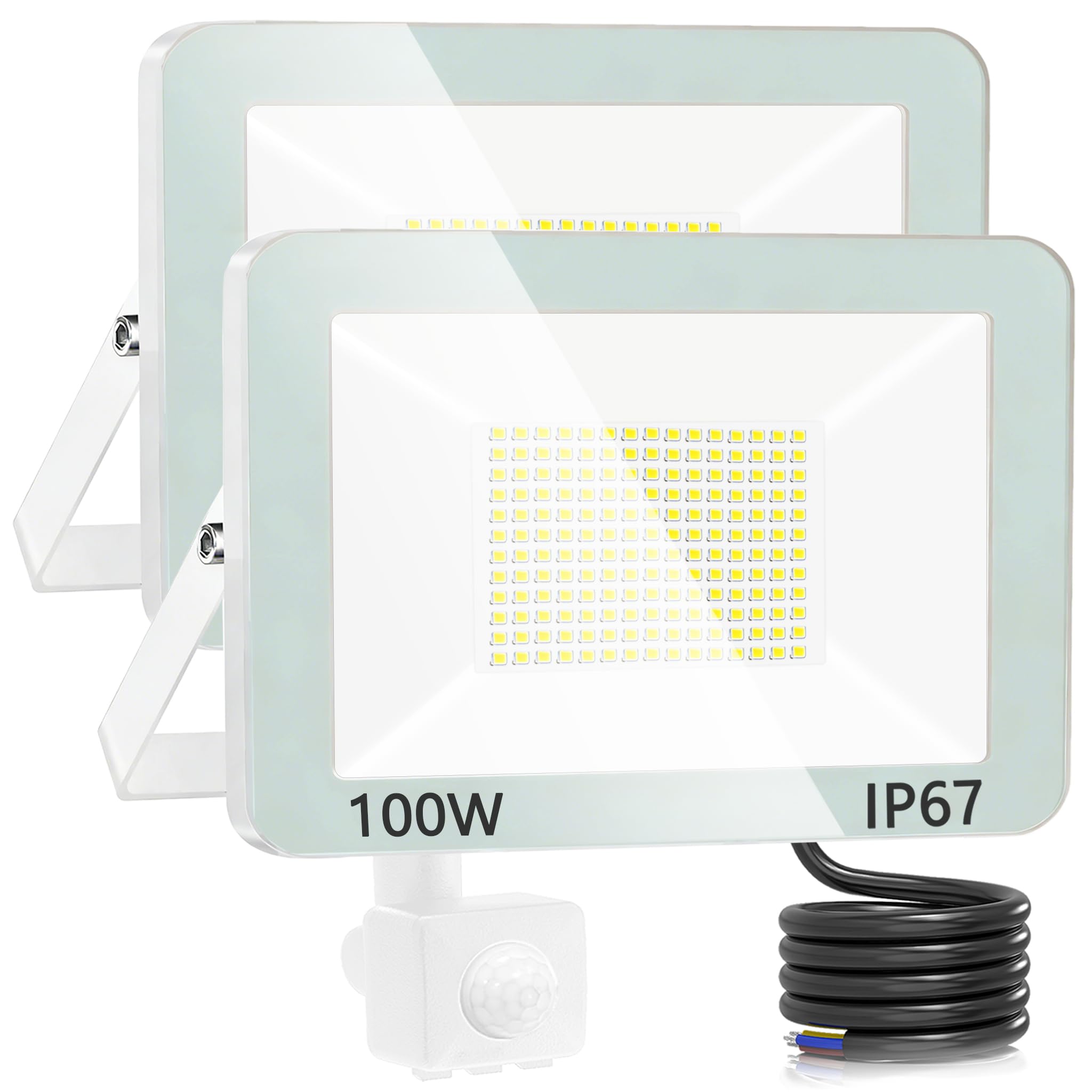 100 W LED-Außenstrahler mit Bewegungsmelder, 2 Stück, IP67, wasserdicht, LED-Spot für den Außenbereich, mit Detektor, 10000 lm, Kaltweiß, Sicherheitsbeleuchtung für den Außenbereich, für Patio, Garage