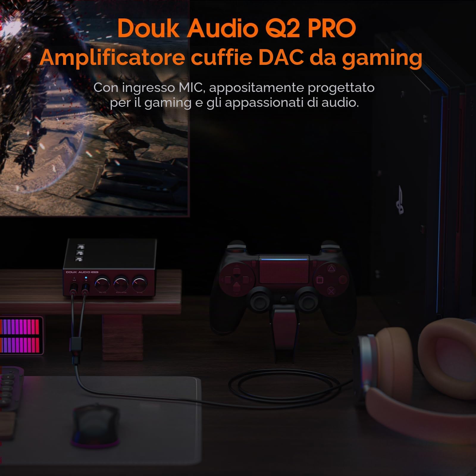 Mini Stereo Gaming DAC con ingresso microfono: amplificatore per cuffie, convertitore USB/ottico D/A, 32 bit/192 kHz audio ad alta risoluzione per PC, PS4, Xbox, Switch (Douk Audio Q2Pro)