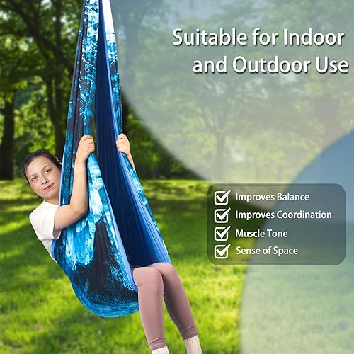 Miniatura 11 de Columpio sensorial para niños para interiores y exteriores, terapia de doble capa con kit de colgador giratorio 360, ajustable para niños y adultos