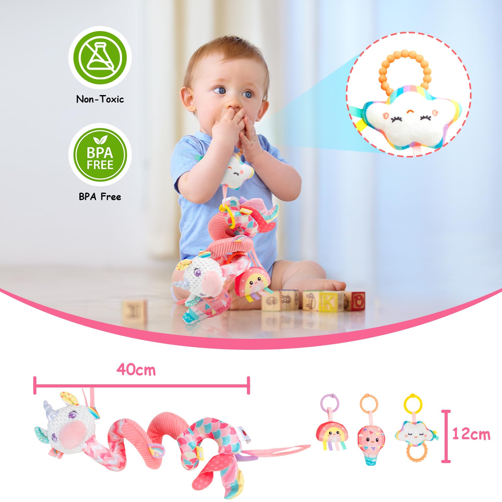 Spirale D'activité Bébé Jouets - Spirale Jouet Poussette Bebe avec Musique, Jouets Eveil Bebe, Jouet Siege Auto pour Garçons et Filles, Bébé Naissance Cadeaux 0 3 6 12 Mois, Rose