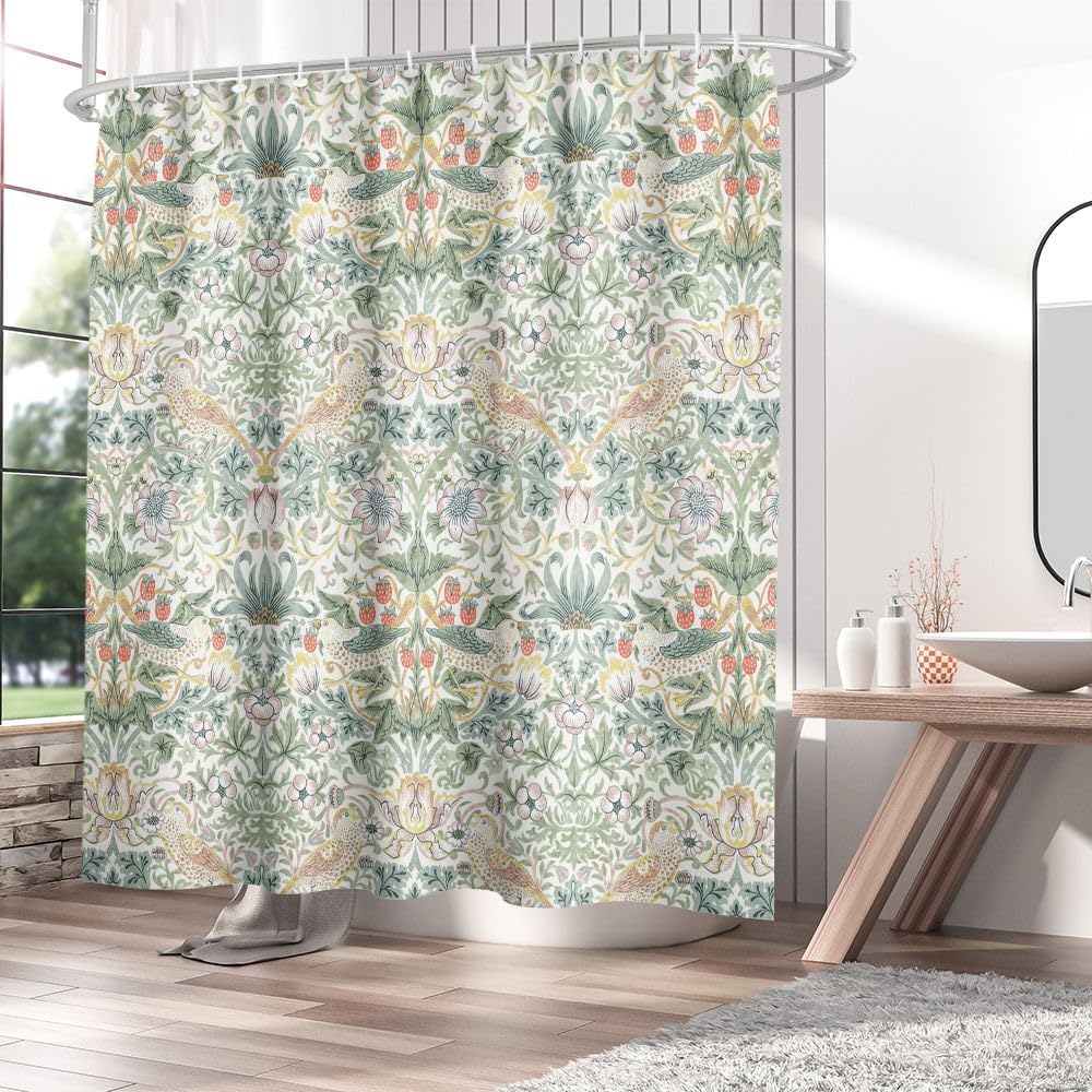William Morris Abstract Plant Flower Shower Curtain, Vintage Floral, Spring Colorful Wild Flowers Green Herbs Boho Plant Nature, Bathroom Shower Curtain With Hooks 180x180cm