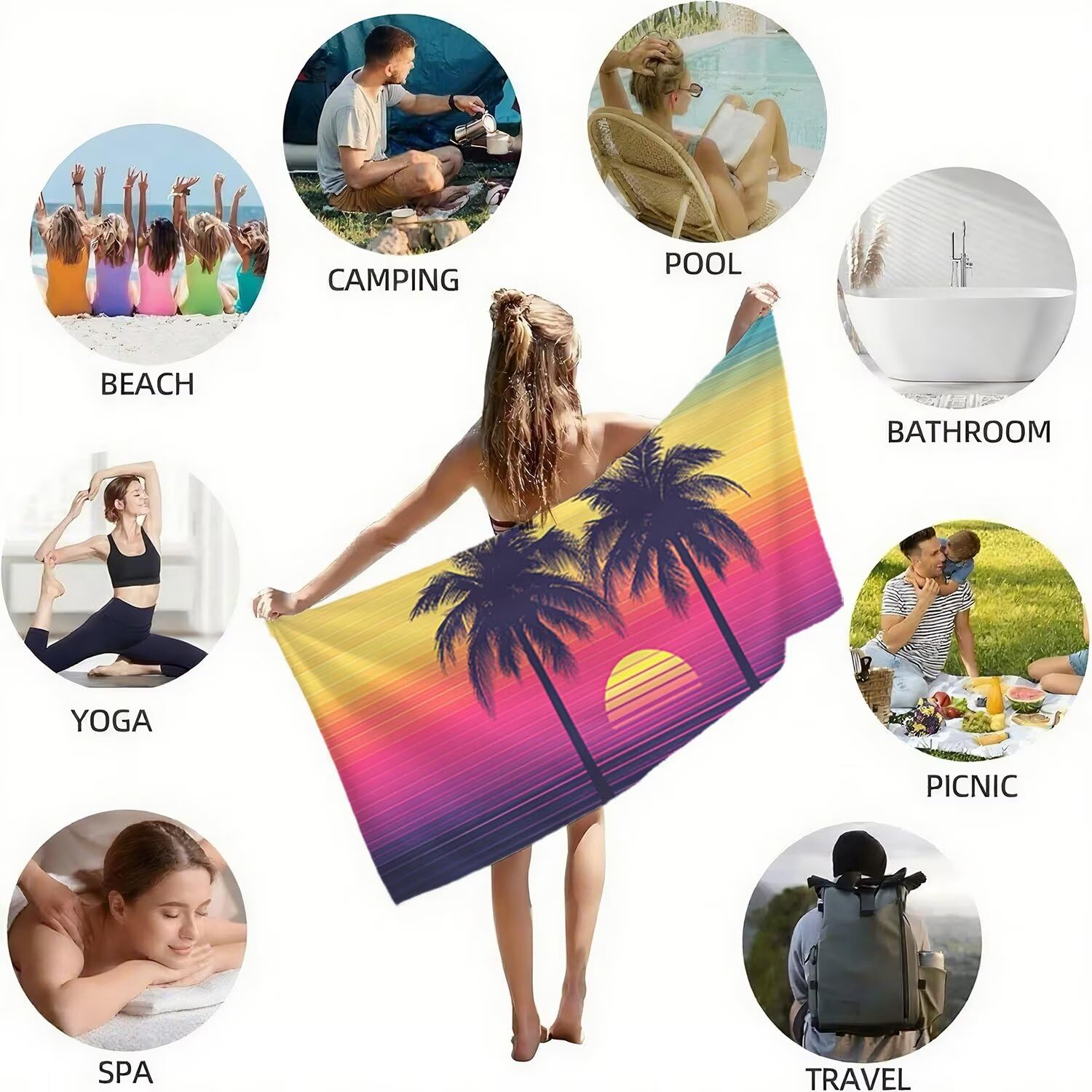 Toalla Playa Microfibra 150x200 Atardecer Diseño Absorbente Sin Arena Toalla Playa, con Cuerda Elástica, Ligero, Hombre, Mujer Ideal Toallas de Baño, Aplicable Gimnasio,Viajes, Natación, Color p-478