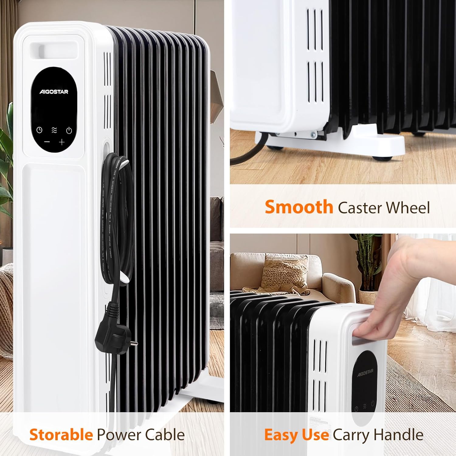 Close-up showing the storable power cable, easy-use carry handle, and smooth caster wheels of the Aigostar oil radiator