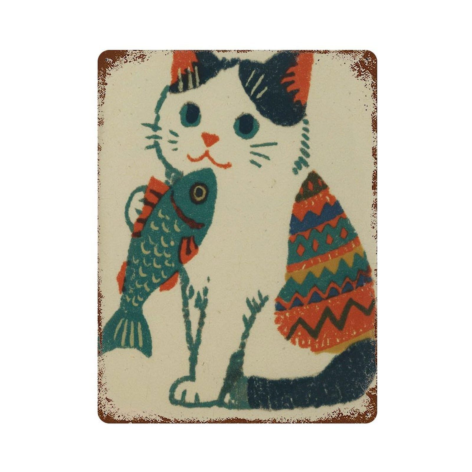 xiaoxiaoshen Folk Cat Colorful Whimsical Animal Retro Playful Work Wall Decor Art Metal Tin Poster Modern Home Decor Art Home Bar Shop Decorations Vintage Sign 40x30cm