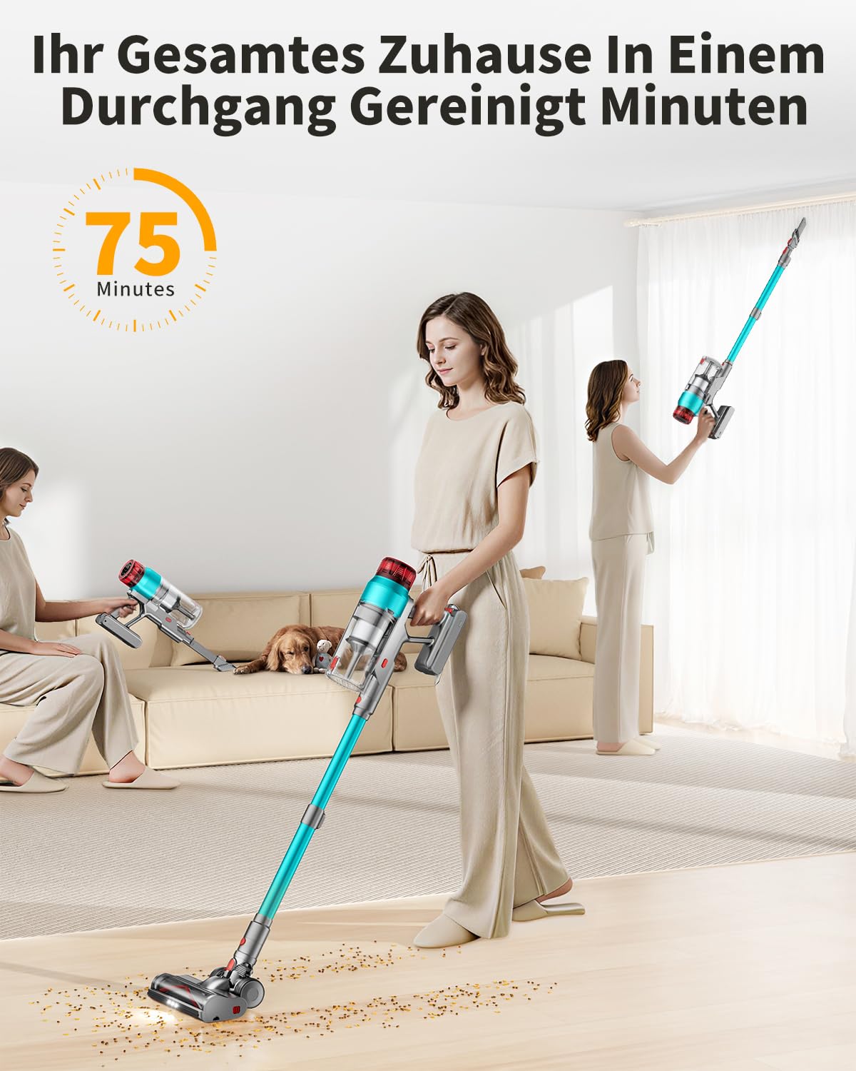 60000Pa/600W Akku Staubsauger Kabellos 75Mins Laufzeit, Wandmontierte Ladestation, Akkustaubsauger Cordless Vacuum Cleaner mit Smart Display Anti-Verhedderung-Bürste für Teppich Hartboden Tierhaare