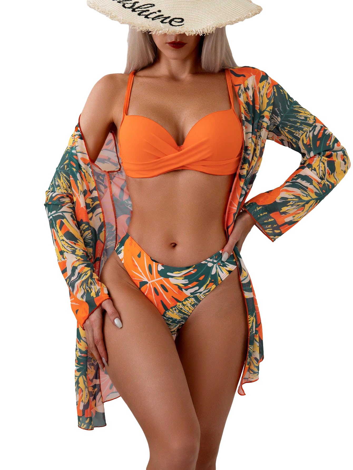 SHENHE Women's Tropical Print 3 Piece Push Up Bikini Set