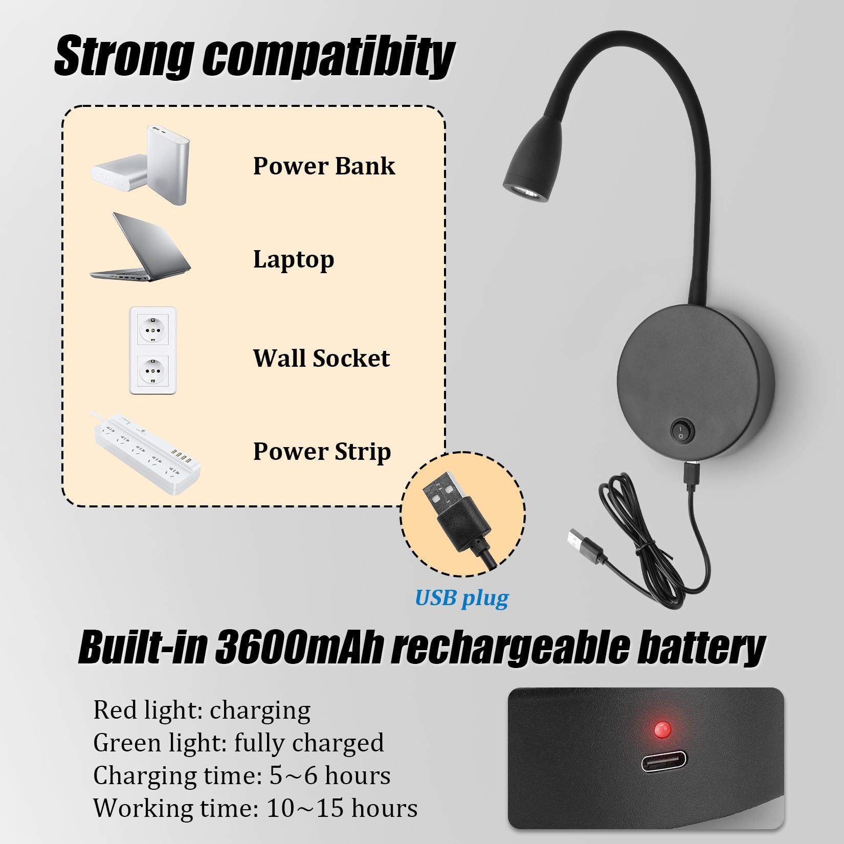 Klighten 2 Pcs Lampe de Lecture Murale Sans fil Dimmable avec Télécommande, Batterie 2W LED Lampe Chevet Murale, Réglable Applique Liseuse Interieur Rechargeable USB, 200LM, 3000/4500/6000K, Noir
