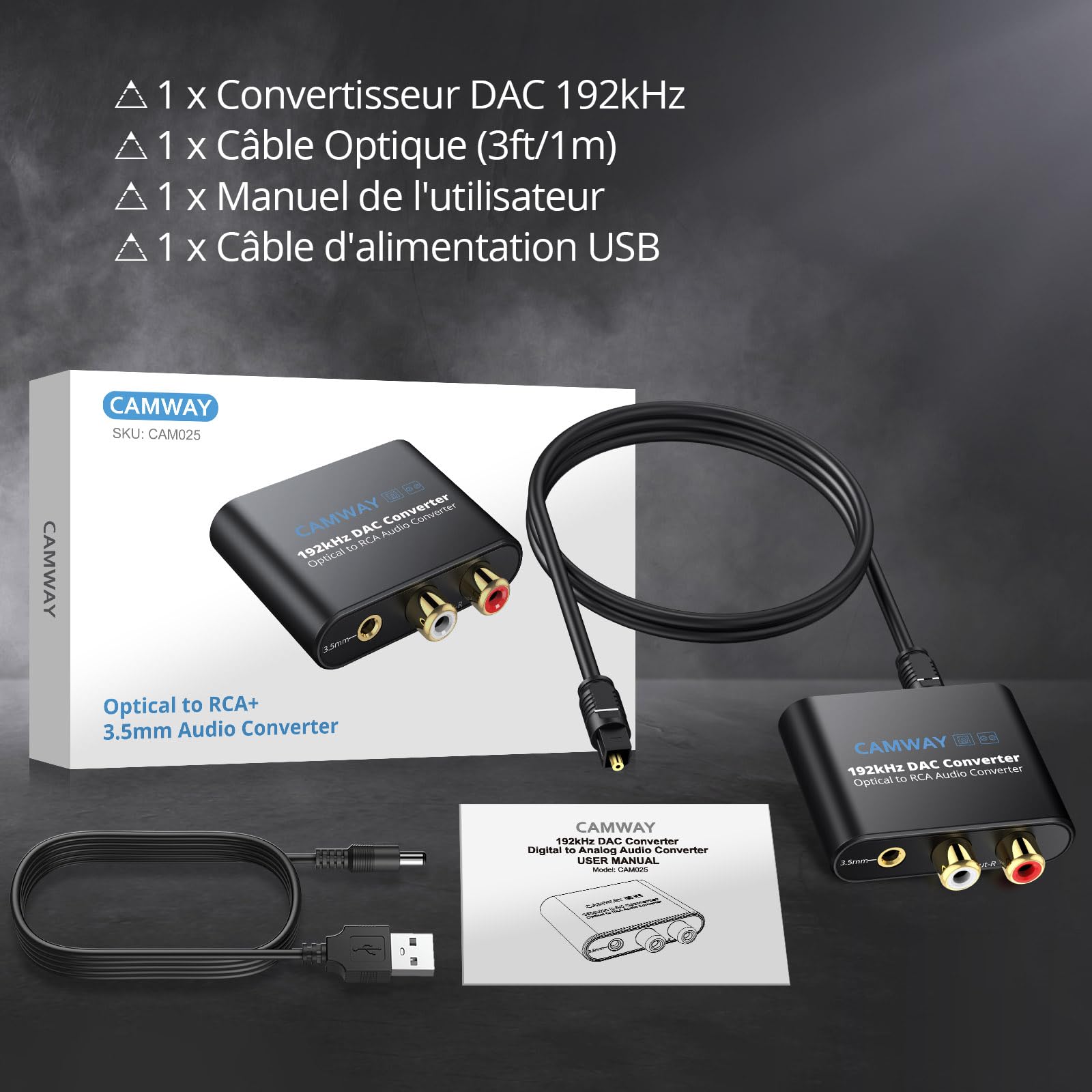 CAMWAY Convertisseur DAC 192kHz SPDIF vers RCA Optique Toslink vers 3.5mm Audio Numérique Analogique