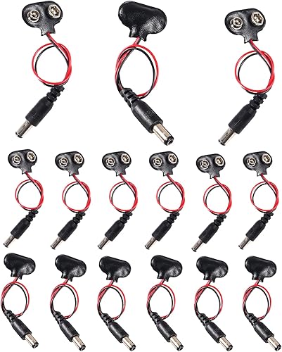15 unids 9 V Conectores de batería tipo T 9 V Clip de batería de 9 voltios con enchufe de alimentación DC macho de 0.083 x 0.217 in para conector de