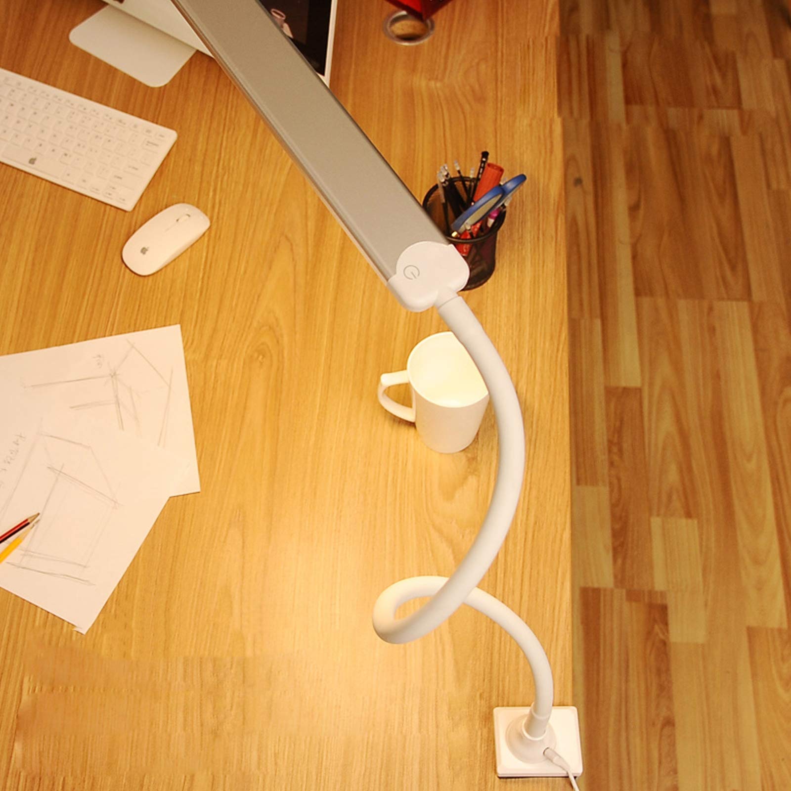 QJUZO Lampa zaciskowa LED, 12 W, lampka zaciskowa do łóżka, dotykowa 5 jasności, możliwość ściemniania, 360°, elastyczna biała lampa typu łabędzia szyja, 4000 K, lampka do czytania, biura, książki,