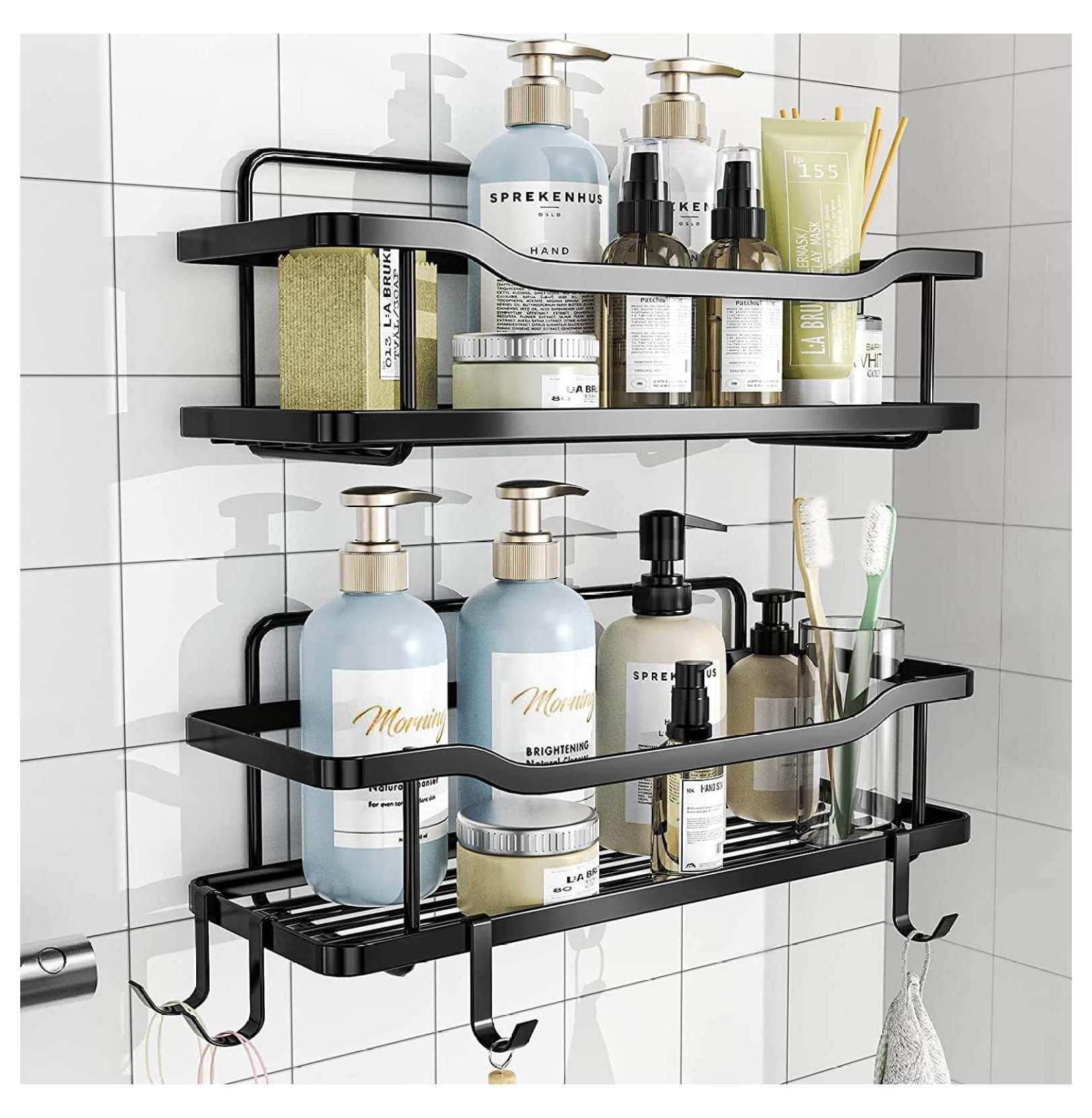Adhesive Shower Caddy 2-Pack Wall Mount Organizer - No Drill Rustproof Stainless Steel Shelves for Bathroom Kitchen -