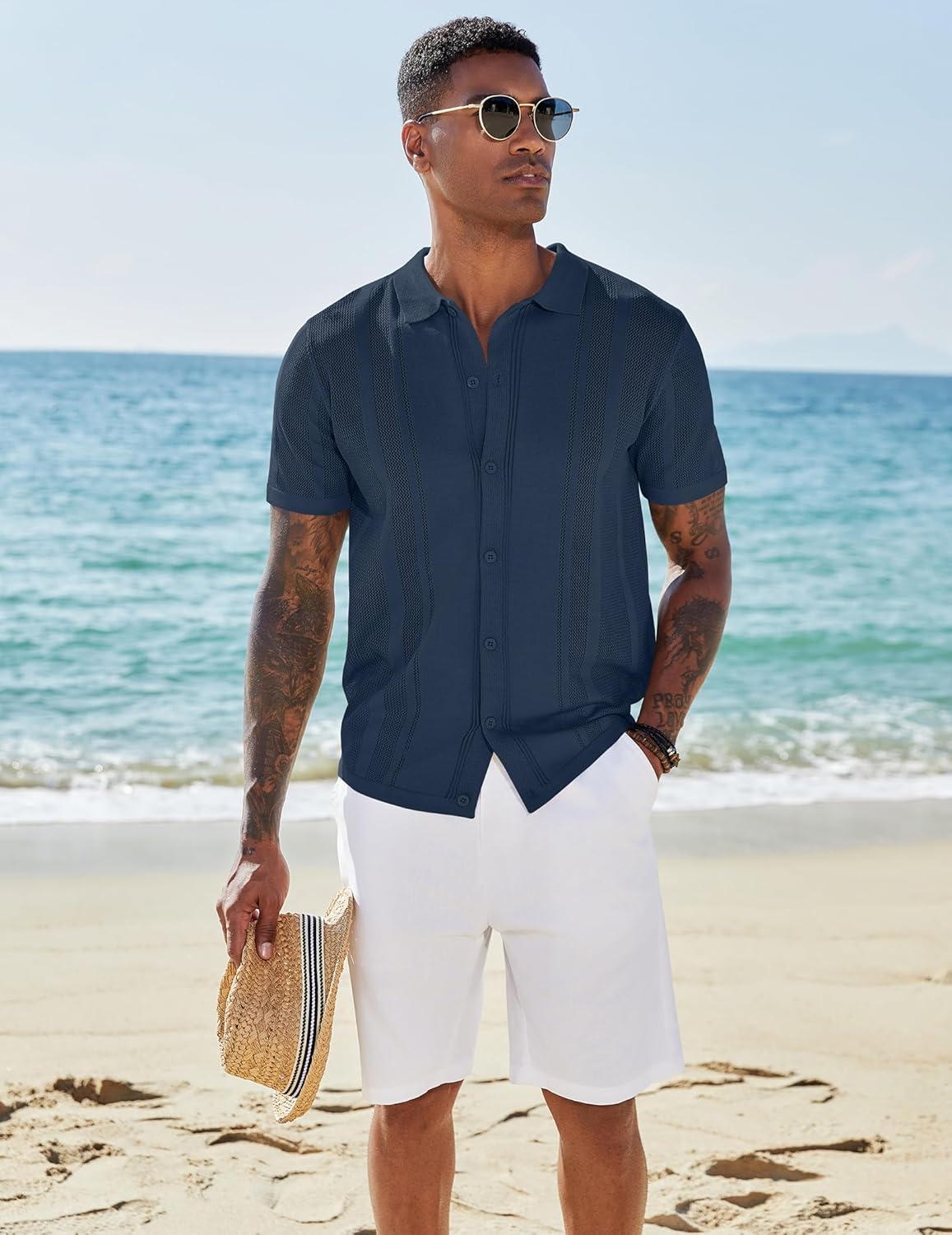 COOFANDY Men's Knit Shirts Short Sleeve Button Down Polo Shirt Vintage Casual Beach Shirt Summer Tops - Image 7