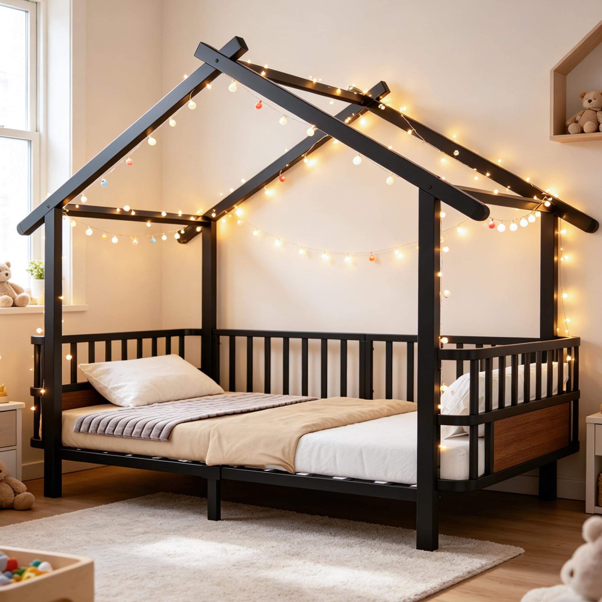 Merax Kinderbett aus Metall in Hausform 90x200 cm mit Sicherheitsgitter & Dachdesign – Schwarz (Ohne Matratze)