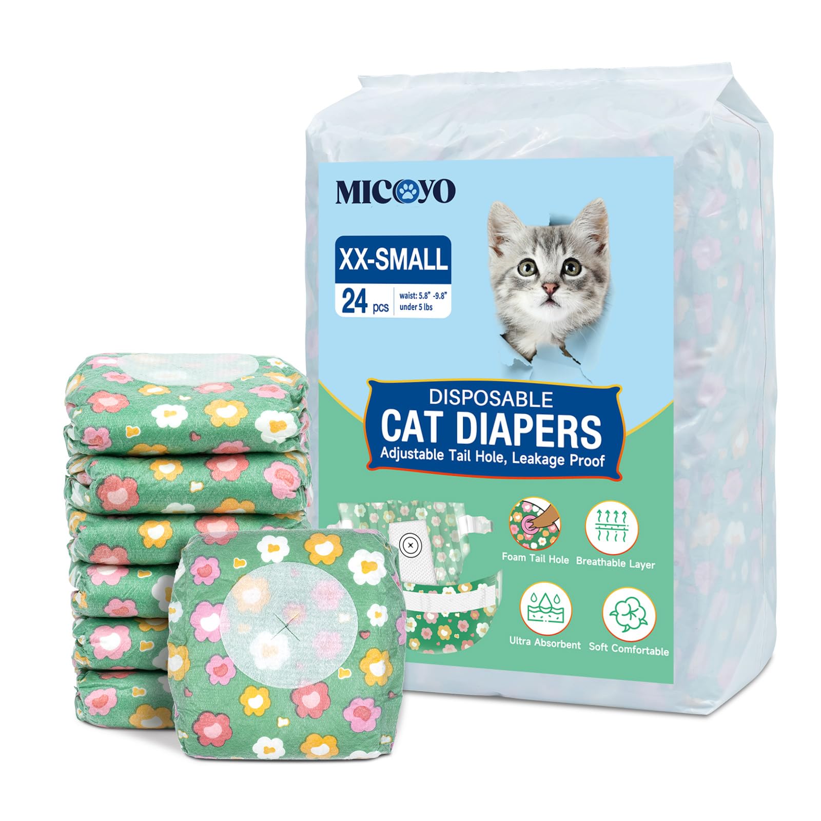 MICOOYO Disposable Cat Nappies Female Super Absorbent Puppy Nappies Cat Dog Hygiene Pants Cats Diapers for Female in Heat & incontinence(XXS, 24pcs,pink flower)