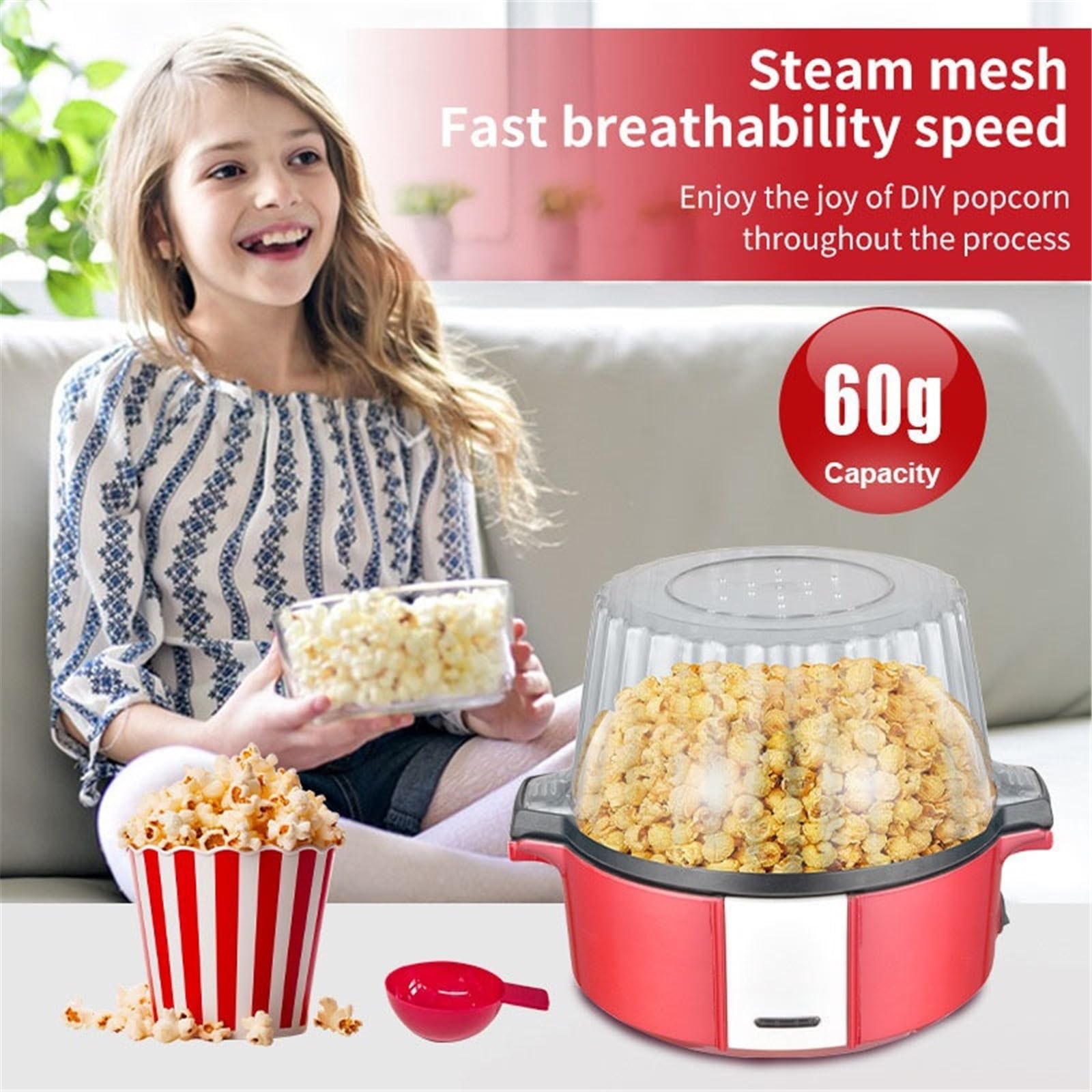 Palomitera Retro Pequeña Con Revestimiento Antiadherente Y Placa Calefactora Extraíble, Roja, 700 W