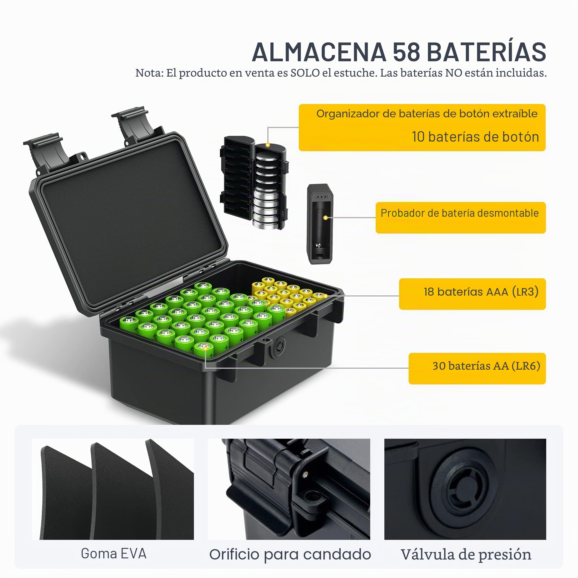 KIWIFOTOS Maletín de almacenamiento de batería con comprobador de batería, organizador de batería duro para 30 ranuras AA, 18 ranuras AAA, 10 ranuras para pilas de botón