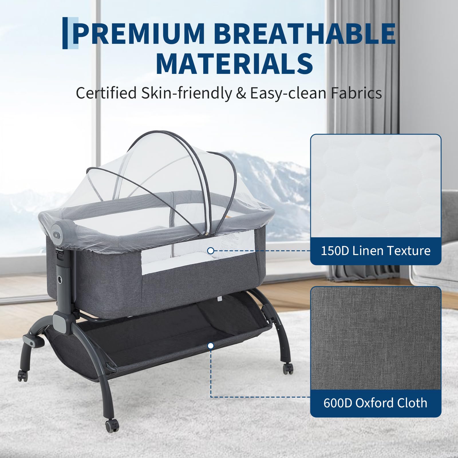 GarveeTech Beistellbett Baby höhenverstellbar mit Matratze, Mesh-Seiten, Wiegefunktion, Rollen mit Bremse, Moskitonetz, Ablagekorb und Tragetasche, für Neugeborene 0–6 Monate