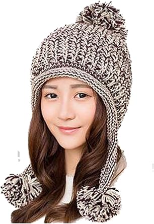 Mixed Colors Ear Flap Beanie Handmade Knitted Hat with Pom Valentine Gifts Coffee