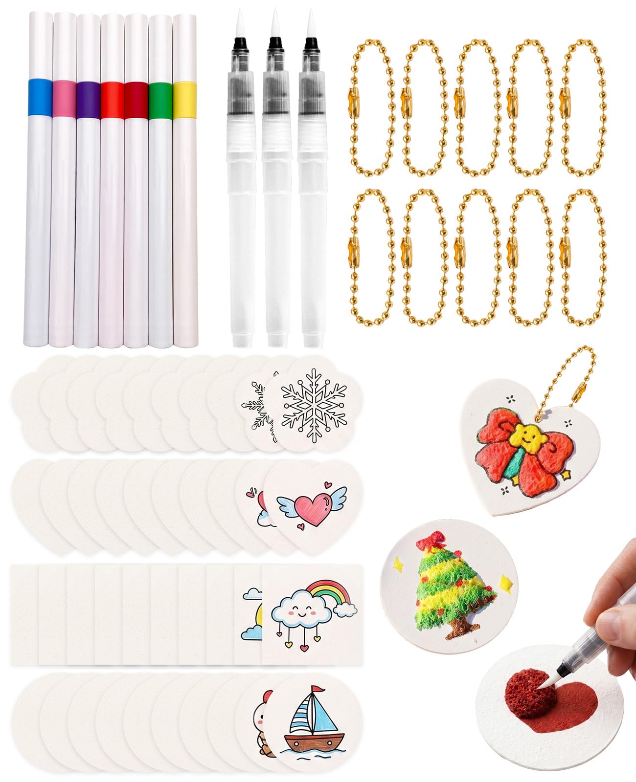 Xivicii 60 Pcs Creative Sponge Painting Art Set, Puffy Paint Kit with 40 Foam Texture Pape 7 Colored Pens 3 Water Pens and 10 Bead Chain